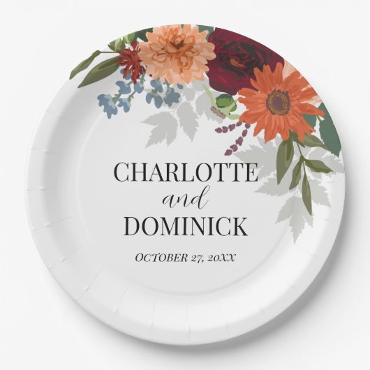 Burgundy Fall Garden Floral Wedding Pappteller (Vorderseite)