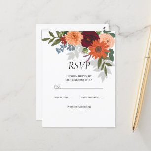 Burgundy Fall Garden Floral Wedding RSVP Card Postkarte
