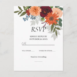 Burgundy Fall Garden Floral Wedding RSVP Card Postkarte