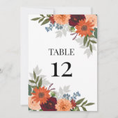 Burgundy Fall Garden Floral Wedding Tischnummer (Vorderseite)