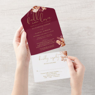 Burgundy Fall in Liebe Blumendetails UAWG Hochzeit All In One Einladung