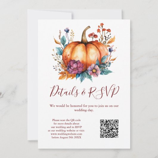 Burgundy Fall in Liebe Pumpkin QR-Code Hochzeit Einladung (Rückseite)