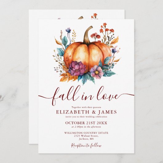 Burgundy Fall in Liebe Pumpkin QR-Code Hochzeit Einladung (Vorne/Hinten)