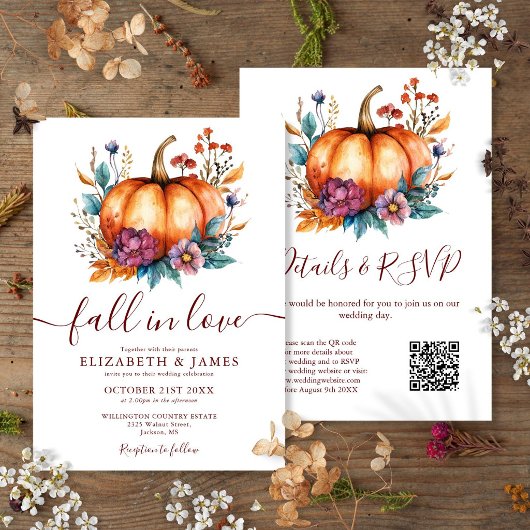 Burgundy Fall in Liebe Pumpkin QR-Code Hochzeit Einladung