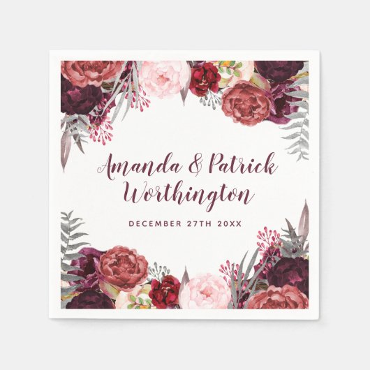 Burgundy Fall Marsala Blush Peony Wedding Napkins Serviette (Vorderseite)