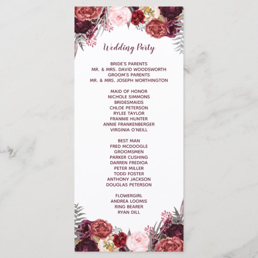 Burgundy Fall Marsala Blush Peony Wedings Programs Programm (Rückseite)