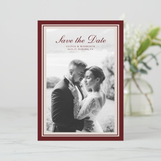 Burgundy Fall Photo Save the Date Card Einladung (Stehend Vorderseite)