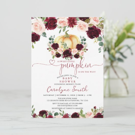 Burgundy Fall Pumpkin Baby Dusche Einladung (Stehend Vorderseite)