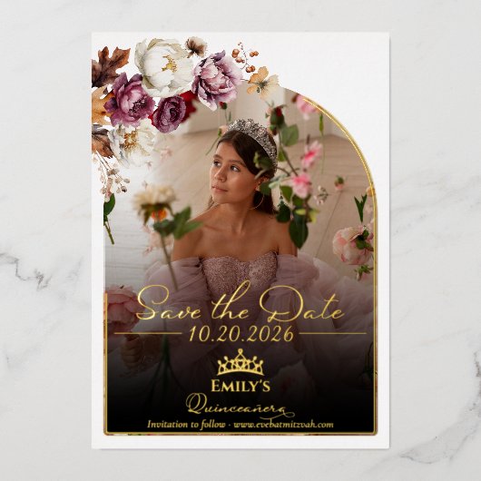 Burgundy Fall Quinceanera Foto Save the Date Real Folieneinladung (Vorderseite)