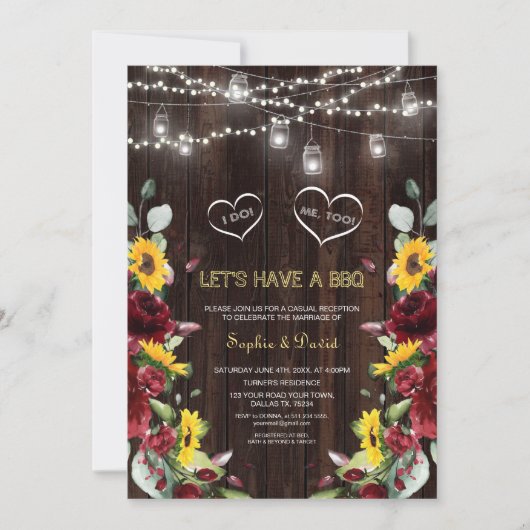 Burgundy Fall Sonnenblumen Holzstall I DO GRILLEN Einladung (Vorderseite)
