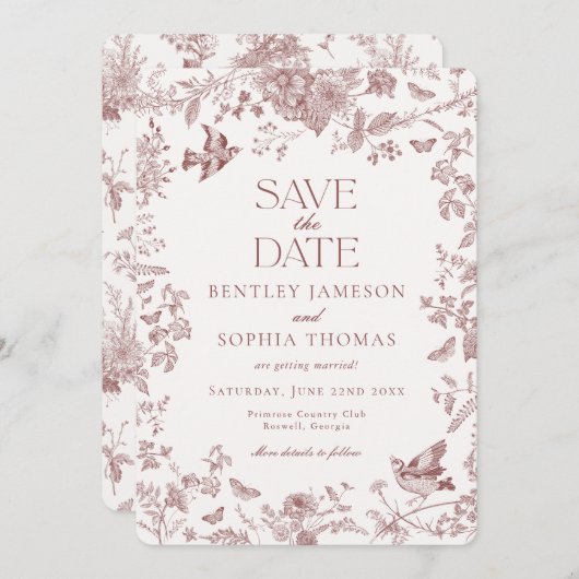 Burgundy Fall Toile De Jouy Floral Save the Date Einladung (Vorne/Hinten)