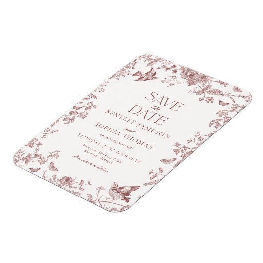 Burgundy Fall Toile De Jouy Floral Save the Date Magnet (Linke Seite)