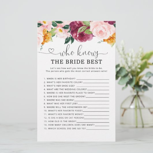 Burgundy Fall Wer kennt das beste Spiel der Braut (Stehend Vorderseite)