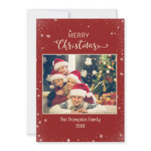 Burgundy Family Foto Snowflake Flat Holiday Card