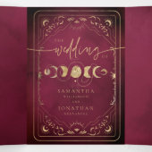 Burgundy & Faux Gold Tarot Celestial Wedding Dreifach Gefaltete Einladung (Innenseite Mitte)