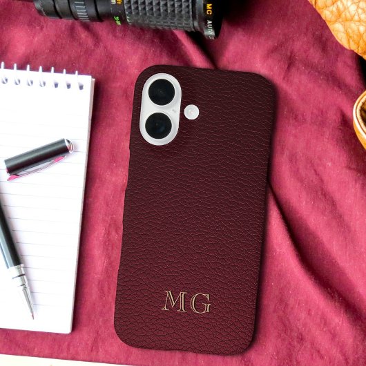 Burgundy Faux Leather and Gold Monogram Initials Case-Mate iPhone Hülle