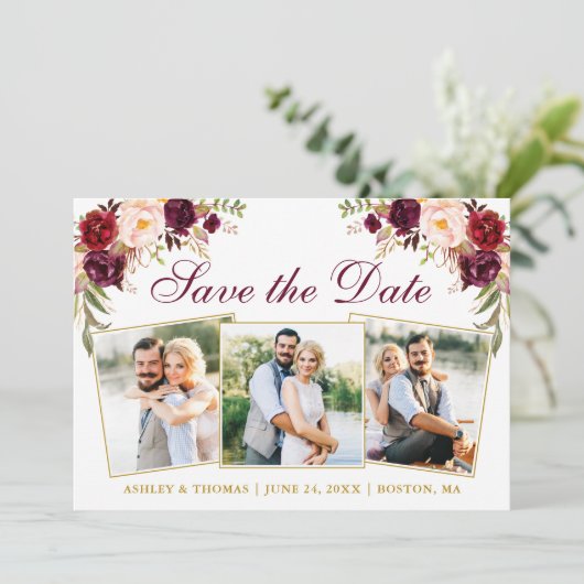 Burgundy-Flora 3 Foto Gold Save The Date (Stehend Vorderseite)