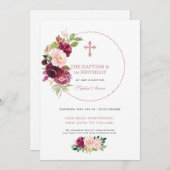 Burgundy Floral 1. Geburtstag & Taufe Zurückgestel Einladung (Vorne/Hinten)