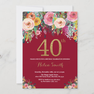 Burgundy Floral 40. Geburtstag Einladung Gold
