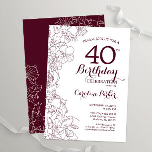 Burgundy Floral 40. Geburtstag Party Einladung
