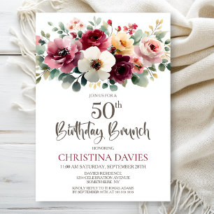 Burgundy Floral 50. Geburtstag Brunch Einladung