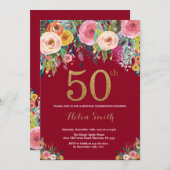 Burgundy Floral 50. Geburtstag Einladung Gold (Vorne/Hinten)