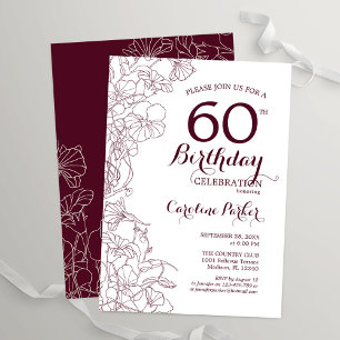 Burgundy Floral 60. Geburtstagsparty Einladung