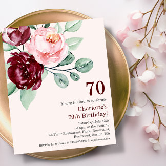 Burgundy Floral 70. Budget Geburtstagseinladung