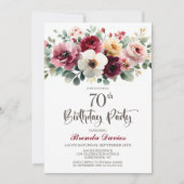 Burgundy Floral 70. Geburtstagsparty Einladung (Vorderseite)