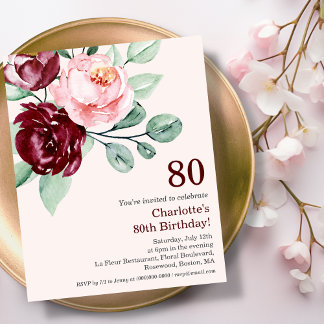 Burgundy Floral 80. Budget Geburtstagseinladung