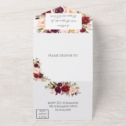 Burgundy Floral All in One Wedite Einladung (Außenbereich)