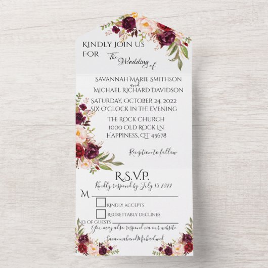 Burgundy Floral All in One Wedite Einladung (Innen Boden)
