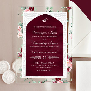 Burgundy Floral Anand Karaj Punjabi Sikh Wedding Acryleinladungen