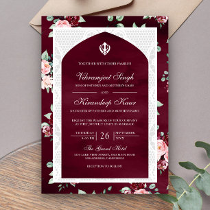 Burgundy Floral Anand Karaj Punjabi Sikh Wedding Einladung