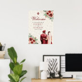 Burgundy Floral Anand Karaj Wedding Welcome Sign Poster (Heimbüro)