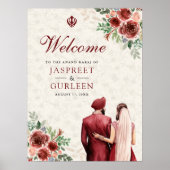 Burgundy Floral Anand Karaj Wedding Welcome Sign Poster (Vorne)