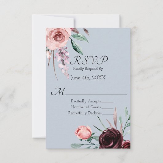 Burgundy Floral and Dusty Blue Wedding RSVP Karte (Vorderseite)