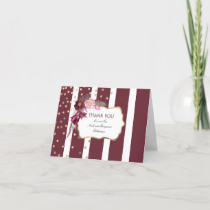 Burgundy Floral and Gold Confetti Dots Thank You Dankeskarte