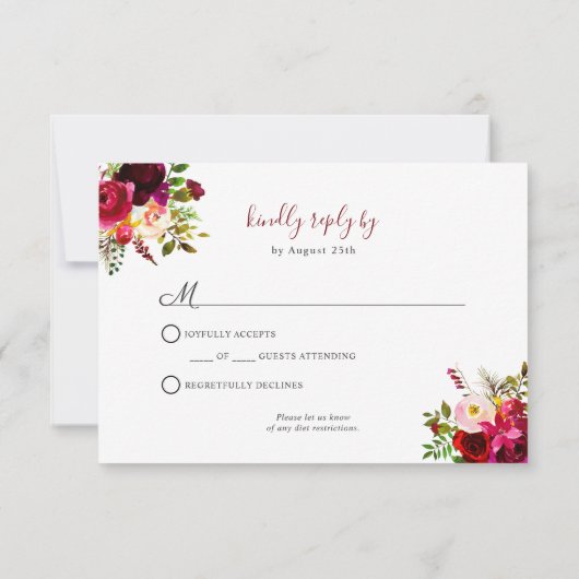 Burgundy Floral Antlers | Buffet + Gäste RSVP Karte (Rückseite)