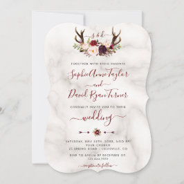 Burgundy Floral Antlers Calligraphy Marble Wedding Einladung