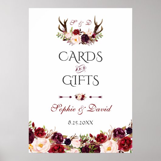 Burgundy Floral Antlers Cards & Gifts Wedding Poster (Vorne)