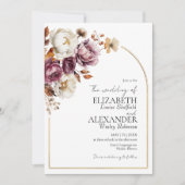 Burgundy Floral Arch Gold | Herbst-Foto-Hochzeit Einladung (Vorderseite)