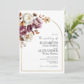 Burgundy Floral Arch Gold | Herbst-Foto-Hochzeit Einladung (Stehend Vorderseite)