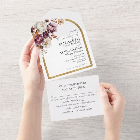 Burgundy Floral Arch Gold | Herbstliche Hochzeit i All In One Einladung (Abreißen)