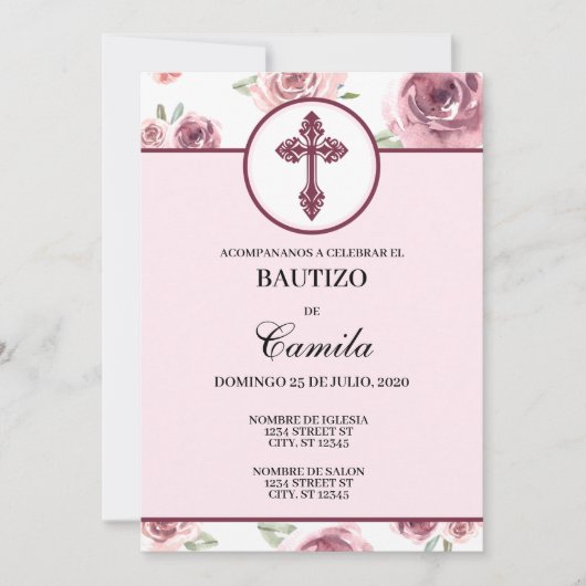 BURGUNDY FLORAL BAPTISM INVITATION EINLADUNG (Vorderseite)