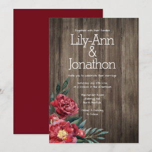 Burgundy Floral Bard Wood Rustic Wedding Einladung
