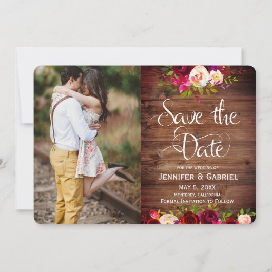Burgundy Floral Barn Wood Save the Date Foto (Vorderseite)