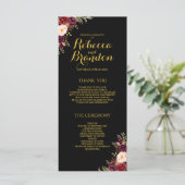 Burgundy Floral Black Gold Custom Wedding Programm (Stehend Vorderseite)