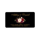 Burgundy Floral Black Gold Hochzeitadresse Adressaufkleber (Vorne)