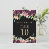 Burgundy Floral Black Wedding Tischnummern (Stehend Vorderseite)